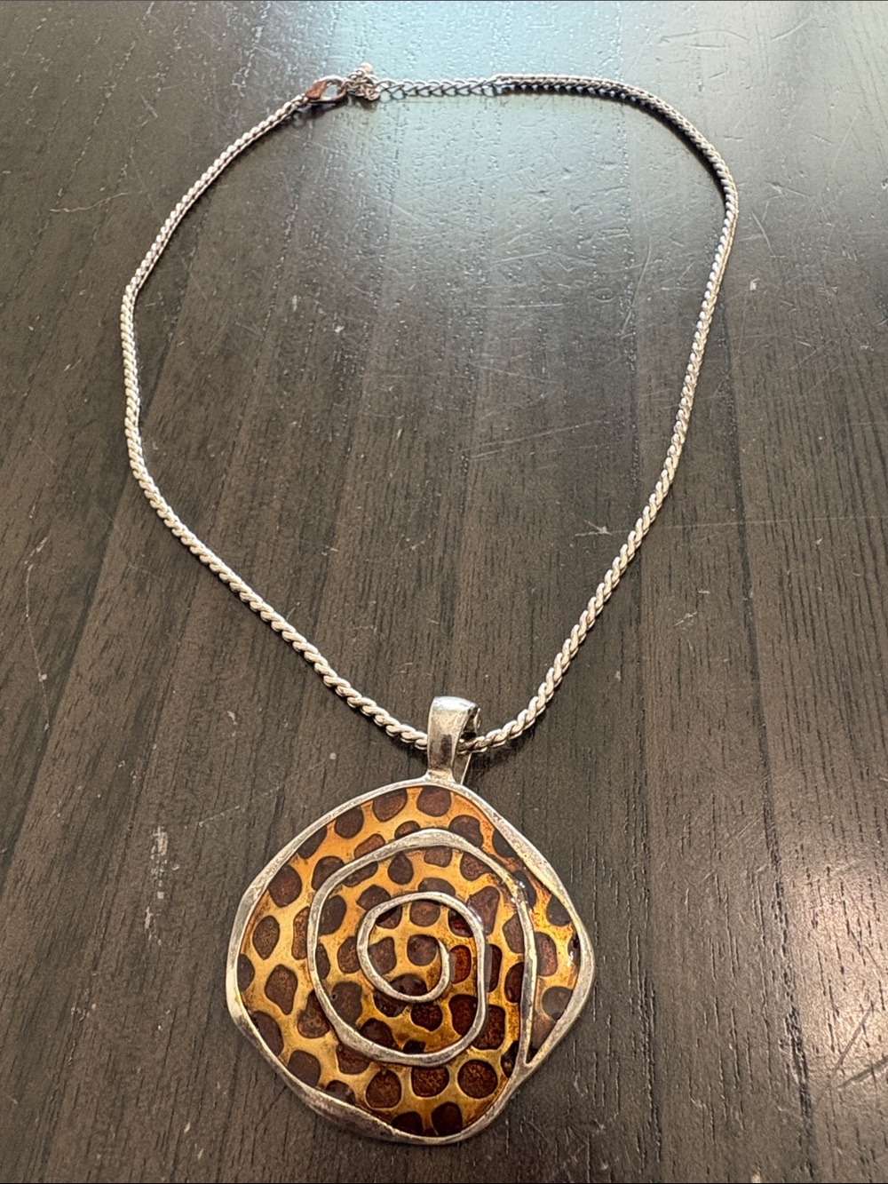 Vtg Silver-Tone Necklace with Leopard Print Spiral Pendant - Brown